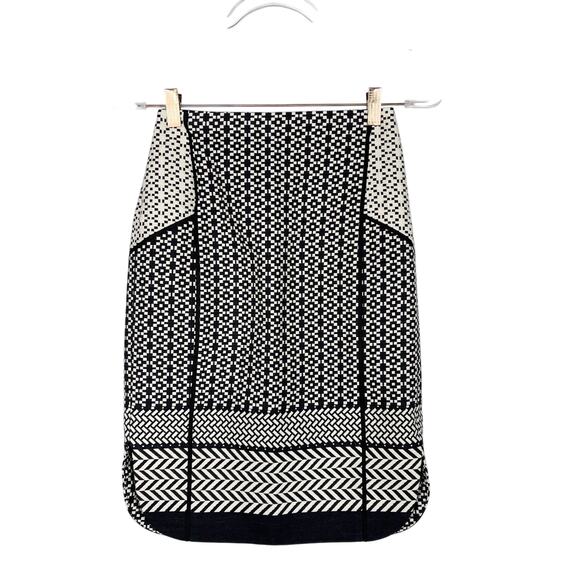 J Crew Size 00 Lux Paneled Black Cream Geometric Jacquard Pencil Skirt Cotton - Picture 1 of 13